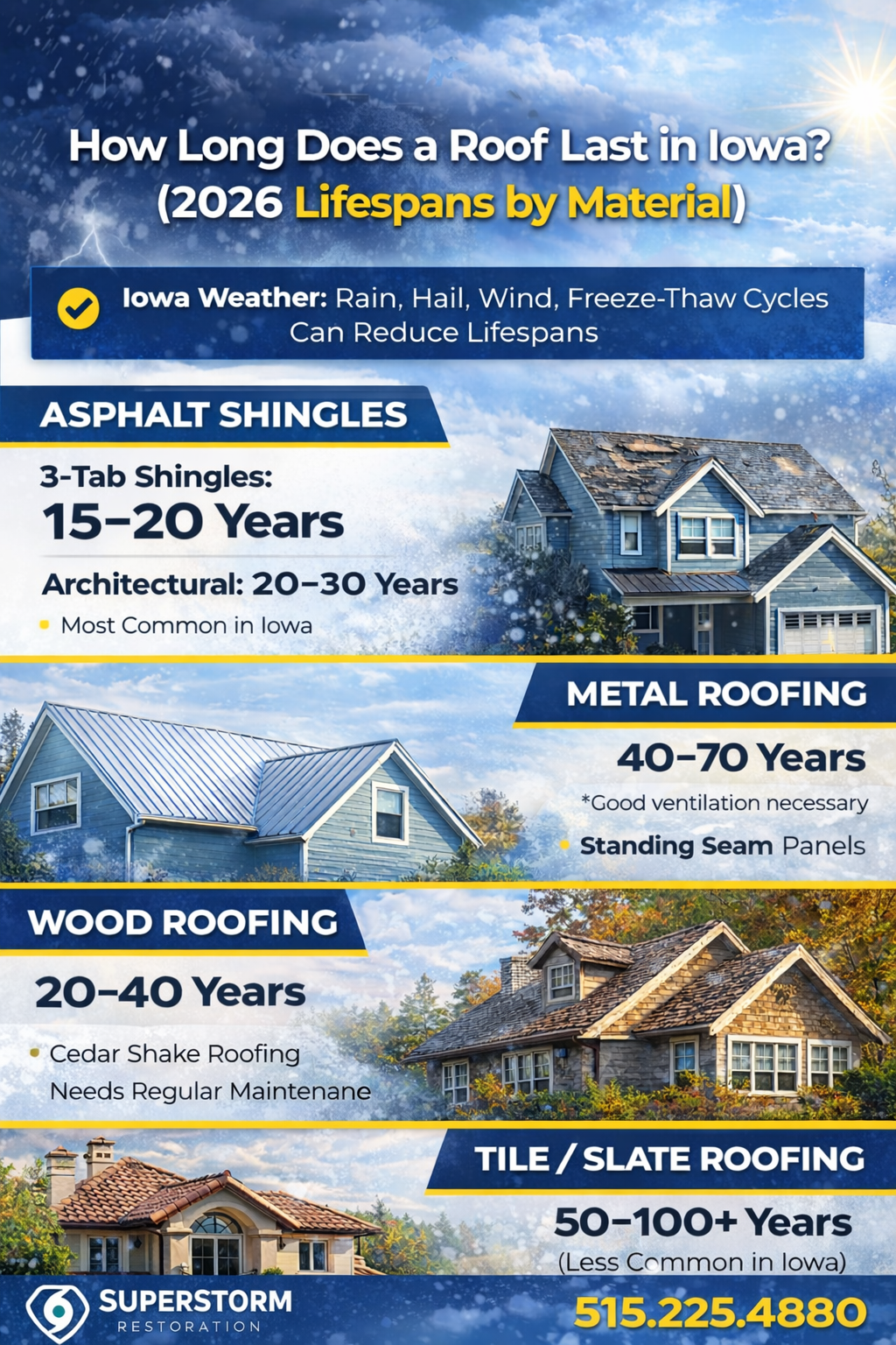 How Long Does a Roof Last in Iowa? infographic from Superstorm Restoration.