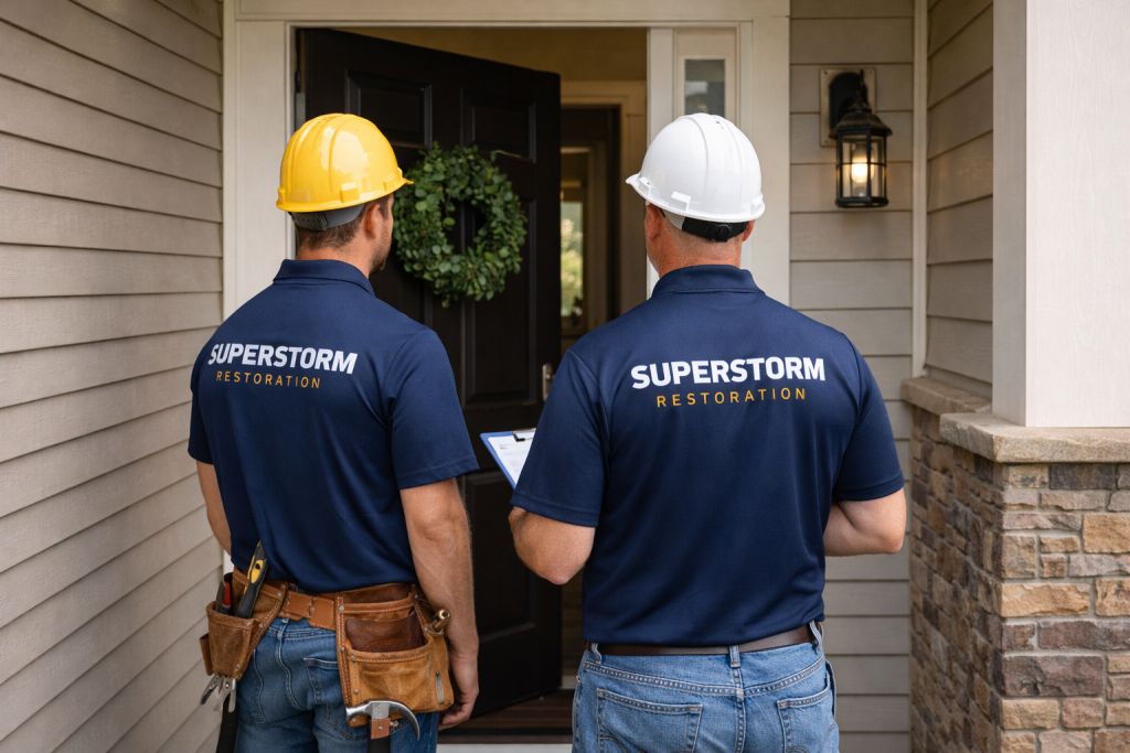 Superstorm-restoration-team-inspection - Superstorm Roofing & Siding Superstorm Restoration team at the residents' front door waiting for a free inspection.