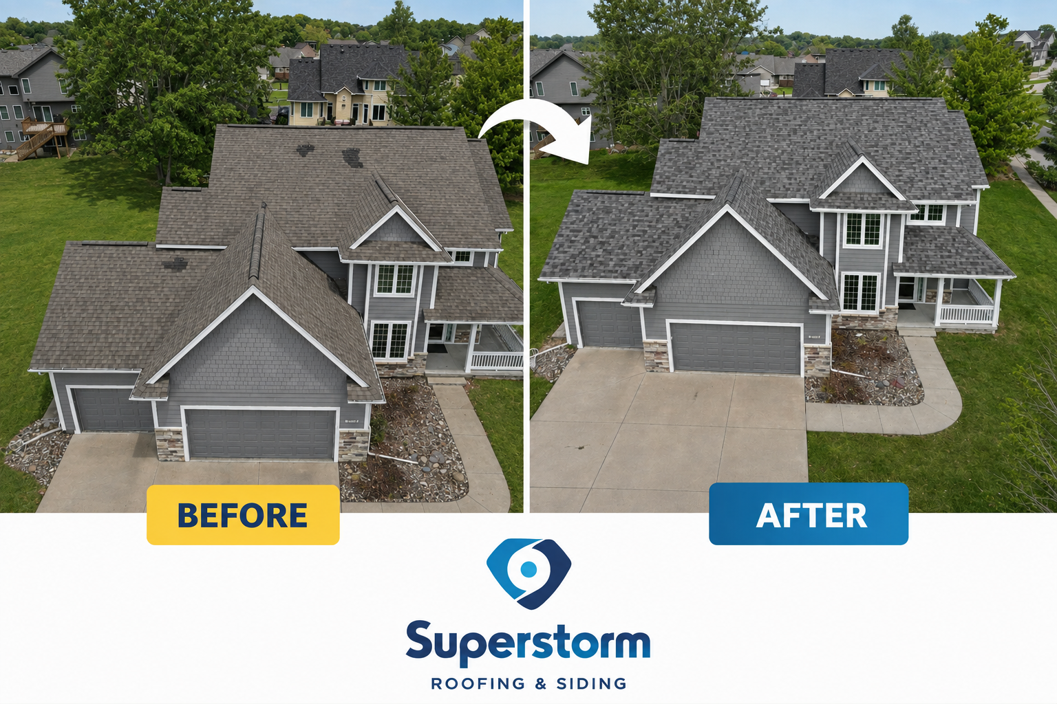 Before and after roof replacement on Central Iowa home by Superstorm Roofing and Siding