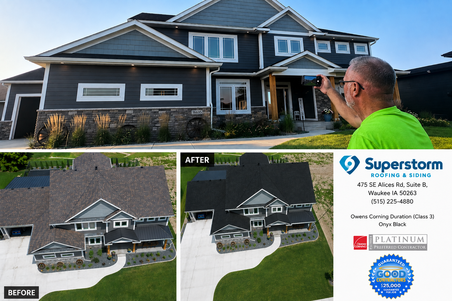 Roof visualizer before and after showing Owens Corning Duration Onyx Black shingle on a Central Iowa home by Superstorm Roofing and Siding