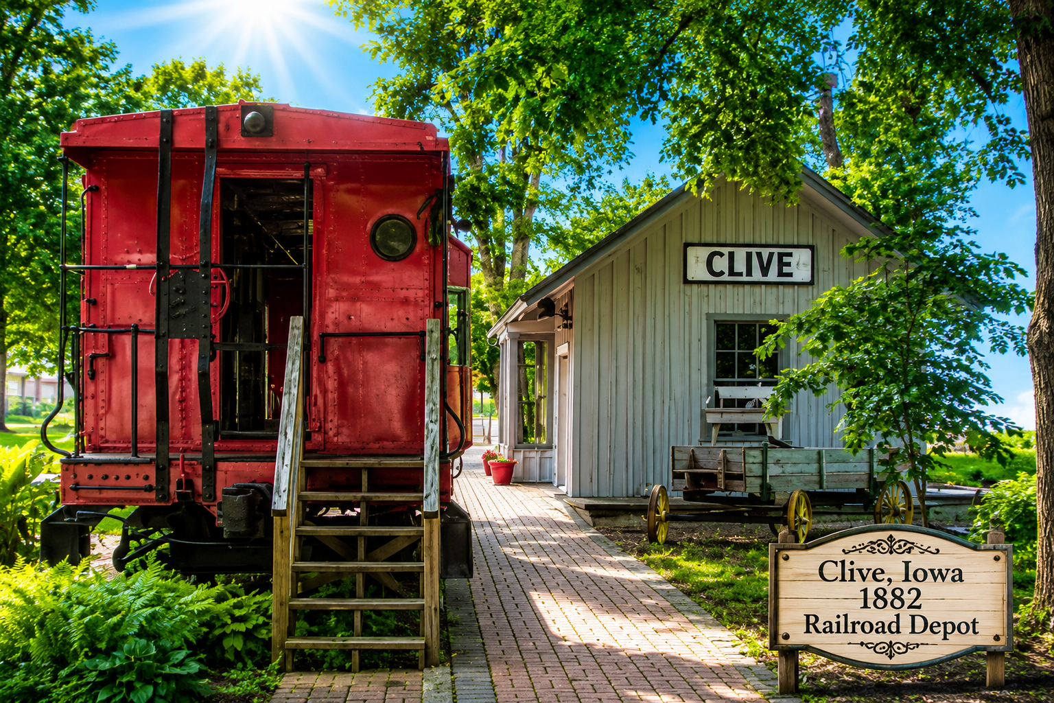 Restored 1882 Clive Railroad Depot at 86th Street in Clive Iowa