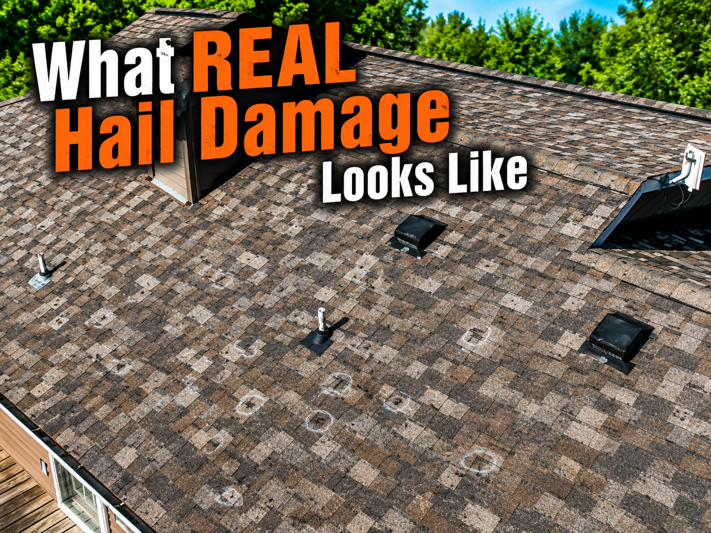 Hail damage on a Class 3 impact-resistant shingle in Central Iowa — what real storm damage looks like from a drone inspection