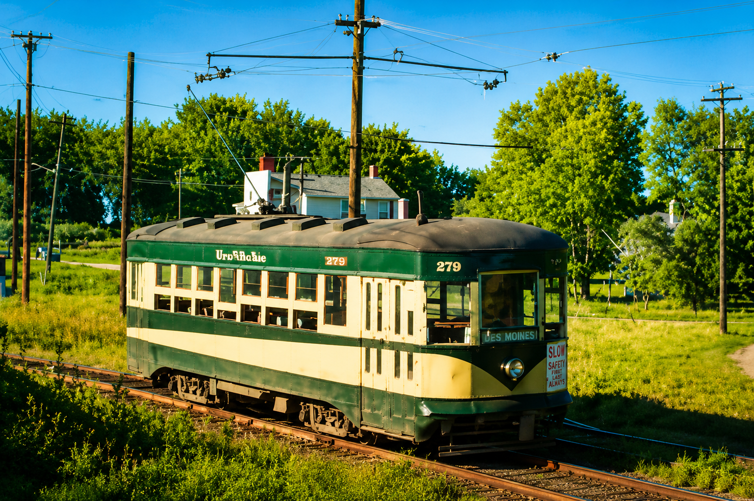 Historic Urbandale streetcar rail car tribute in Urbandale Iowa